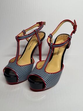 Gianni Bini Nautical Striped T-Strap Platform Heels Red Blue Peep Toe Size 6